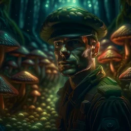 portrait of macho army officer inside glowing mushroom grove, 4k, down-light, soft light, depth of field, photo realism, trending on art station, high detail, spraypaint