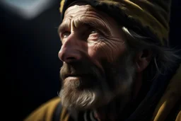 Cinematic, portrait photo, close-up shot of an experienced mountain climber, weathered face telling a story of many adventures, shot with a Nikon D850, rugged outdoor setting with a mountainous backdrop, natural and intense lighting highlighting the intricate details of the climber's face