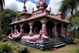 A blackish pink underground dragon palace designed in Hawaiian tiki statues painted by Vincent van Gogh