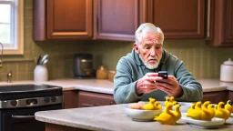 confused older man using cellphone in his kitchen telling the ducks and geese that surround him to "go away"