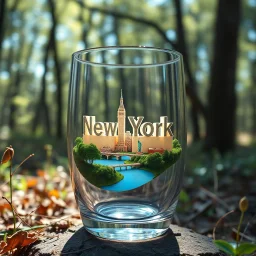 Create hyper-realistic photo of a glass tumbler in a wild forest. Inside, a miniature [New York] with landmarks. A trasparrent 3D text of [New York] blends naturally into the landscape . Soft bright daylight, reflections, and subtle imperfections like fingerprints. DSLR quality, sharp focus.