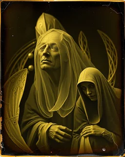 Daguerrotype close up some mysterious figures, odd background, cinematic, Hieronymus Bosch Max Ernst ambient light, by Minicavio Quollati and Marlost Endgulp, Amano, Botticelli, Alphonse Mucha