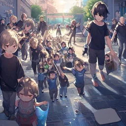 Clear focus, High resolution, {{masterpiece}}, {{ultra detailed}}, {ultra quality}, {dramatic shadows}, {cinematic lighting}, intricate expression, rough line, child, cute, in the air, hair between eyes, crying on the floor, people in the background sceaming, kid crying, fire around kid