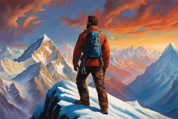 A perfect man having a beautiful dream standing on the top of Mount Everest painted by Julie Bell. concept art, mid shot, intricately detailed, color depth, dramatic, 2/3 face angle, side light, colorful background