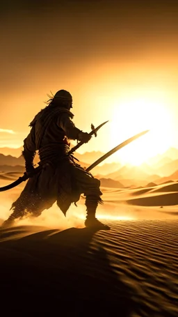 imagine a scene of a ancient man is killing an other by his sword in a desert battle, low details, clear features, big focus, burning sun