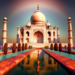 The Taj Mahal, Hindistan, sunset, rainbow sunset, fantasy art, flying birds, springs, waterfall