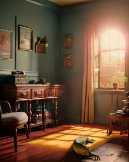 Room scene with alligator sleeping, Wes Anderson styler, realistic image, concept art, smooth, unreal engine 5, god lights, ray tracing, RTX, lumen lighting, ultra detail, volumetric lighting, 3d.