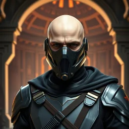 star wars bald male corellian jedi wearing gunmetal grey and black old republic armored flightsuit and breath mask with gold and metallic red trim inside the jedi temple, centered head and shoulders portrait, hyperdetailed, dynamic lighting, hyperdetailed background, 8k resolution, volumetric lighting, light skin, fully symmetric details