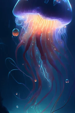 Cartoon jelly fish, electric bolts lighting up the dark ocean, , highly detailed, digital painting, artstation, concept art, sharp focus, illustration, Pixar and Disney animation, Art by greg rutkowski and alphonse mucha, masterpiece, stunning, 8k resolution,