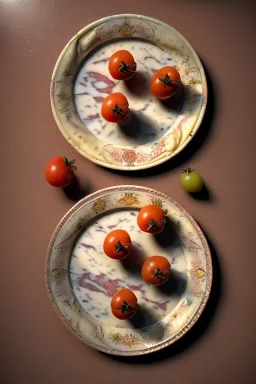 Raviolis, Italian Renaissance style still life consisting of a plate of Italian ravioli with natural cherry tomato and basil accompanied by olives, moisture ambient, natural ornaments, ceramic, marble, high kitchen, smooth, god rays, unreal engine 5, ray tracing, RTX, lumen lighting, ultra detail, volumetric lighting, 3d.