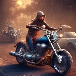 8k resolution beautiful cozy inviting Stoked biker steampunk digital illustration matte painting.