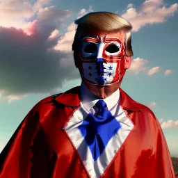 realistic image of donald trump as a mexican wrestling fighter posing outdoors, Mexican eyes wrestling mask, red and blue breeches, confederate flag cape, retro style, 80s, vibrant color, highly detailed, sky background, concept art, unreal engine 5, god rays, ray tracing, RTX, lumen lighting, ultra detail, volumetric lighting, 3d, finely drawn, high definition, high resolution.