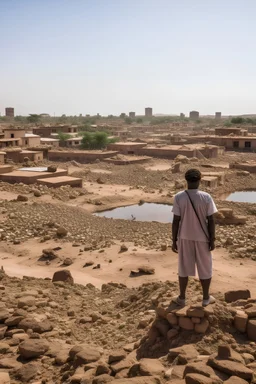 Sudan, destroyed city, airstrikes, one man in the distance