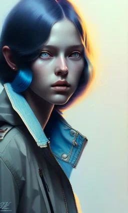 girl, cute, beautiful, head and shoulders portrait by Greg Rutkowski, black skin, blue hair, denim jacket