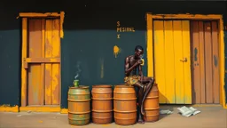 minimalist acrylic impasto painting of two skinny tall young black Somali neighbors sitting on rusty oil barrels drinking steaming coffee, wide angle, dynamic crude brush strokes, dusty yellow heat mood, peaceful vibe, tribal vibe, amazing reflections, amazing verticals, great parallels, warm shades of yellow, orange, green and black with sparse deep red leaks, afrofuturism, vibrant nighthawk people on a black wall, rusty village decay, arafed doors