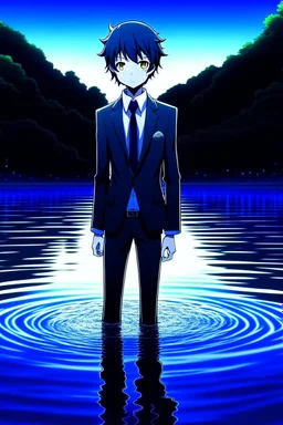 A anime boy with suit standing in the water