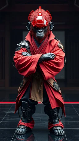 A centering dynamic view action showcasing the fusion of figma and Neumorphic elements, depicting a fully fantasy male red glassy head-ape. Its intricate mechanisms are driven by interlocking robes and complex fabrics casual outfit embedded throughout its massive figma frame. Stands crossed arms pose on black mechtech Dojo ground floor. no camera