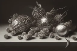 a realistic still life graphite drawing of pine cones in the classical style of Pieter Claesz, Jan Jansz. van de Velde and Anthonie Leemans