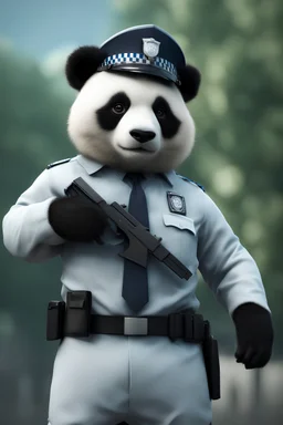 A panda in police dress, portrait ,Photorealistic, next level resolution, 8k, ultra quality, hyper realistic, detailed+