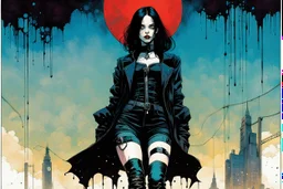 Create and fine print full body illustration of a Goth Girl with finely lined and detailed facial features in a ragged gothic dress ,battered combat boots, , in the graphic novel style of Bill Sienkiewicz, and Jean Giraud Moebius, precisely drawn, colored and inked