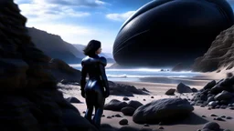 A woman in a catsuit standing on a beach of a rocky landscape with a crashed spaceship in the distance