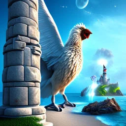 big fluffy bird, close up on holy diver, beach castle, stone pillars, movie poster, fantasy