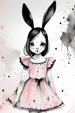 Watercolor black and white with pink dress bunny girl