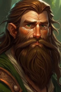 Gnom, braune lange wilde Haare, große, auffällig dicker Nase, gepflegter Bart, kein Vollbart, grüne Augen, sehr jung (etwa zwanzig Jahre) , Druide, gebräunte Haut, Zeichen im Gesicht