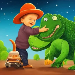 1yo little szymon is on safari onthe moon. petting a green dinosaur. he has big binoculars and a funny hat. High detailed. Cinematic. Digital painting. Warm lights.