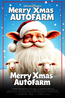 Create a 1990s-style movie poster featuring a jolly, portly Santa Claus merged with a fluffy, endearing sheep. The poster should capture the festive and comedic spirit of 'National Lampoon's Christmas Vacation.' Include the title 'Merry Xmas Autofarm' prominently, with a nostalgic and humorous holiday vibe. Use bright, cheerful colors and playful elements to make the poster stand out.