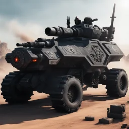 [high res hell photo] Ride Armored pilot vehicular Insanity with demonic wheels and runes carved on the blindage in a deicide context, smoking sniper gun with heavy cannon and hyperbolic cursed ammo
