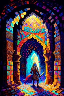 A huge colorful arabian mosaic dungeon being explored by a solitary heroic knight painterly fantasy art