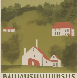 Bauhaus poster of rural Scandinavian country house close to a wood