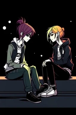 2D animasyon gece oturmuş birbirleri ile sohbet eden 2 kız kısa saçlı ve daha güzel kıyafetler daha detaylı punk tarzı saçları farklı biri diğerine platonik