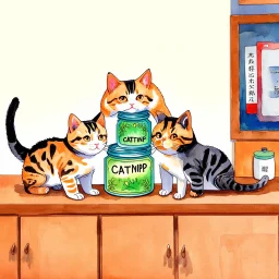 watercolor illustration of cats forming a cat pyramid to get up on a counter with "CATNIP" jar on it, cute, whimsical, by Shawn Tan