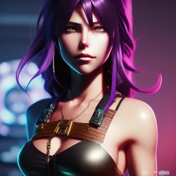 revy black lagoon, purple hair, black tank top, jean shorts, tribal sleeve left arm, portrait shinkai makoto, studio ghibli, studio key, madhouse anime studio, artgerm, lau rossdraws james jean marc simonetti pixiv