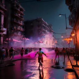 Ultra realistic night scene. Strong man , waist up view, color holi festival style, happy, highly detailed, concept art, unreal engine 5, god rays, ray tracing, RTX, lumen lighting, ultra detail, volumetric lighting, 3d, finely drawn, high definition, high resolution.