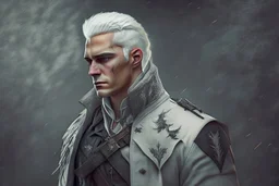 A white masculine human with white hair. A Lot of Battle Scars. Full body. Dark Military clothes. HD