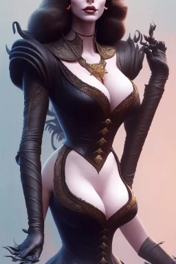 Jaclyn Smith as evil queen in black leather, busty, cleavage, dominatrix, curvy, angry, stern look. character design by cory loftis, fenghua zhong, ryohei hase, ismail inceoglu and ruan jia. unreal engine 5, artistic lighting, highly detailed, photorealistic, fantasy