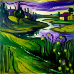 A swamp with purple lilies near a small town painted by Edvard Munch