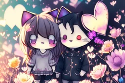 Cute chibi anime cat couple in love, flowers in sunshine, heart and love, watercolor and black ink outlines, ethereal, cinematic postprocessing, bokeh, dof Weight:1 detailed matte painting, deep color, fantastical, intricate detail, splash screen, complementary colors, fantasy concept art, 8k resolution trending on Artstation Unreal Engine 5 Weight:0.9