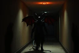 a sinister devil standing in a dark hallway