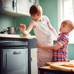 Realistic photo Russian shorthair beautiful tomboy boyish boylike young mother in kitchen