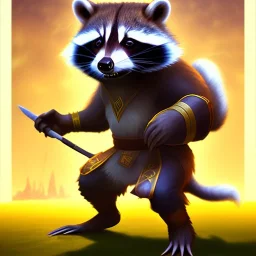 racoon fighter warrior monk jumpkick, furry body