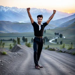 A full-body shot of a young tajik man wearing shirt and pants standing relaxed looking at the camera