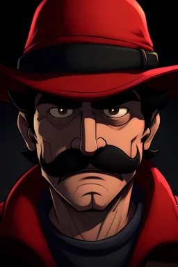 Middle aged young-looking man, fnf style,evil, demon, mario-like oversized cap, mustache, black hair, tan skin, dark red jacket and mario-like oversized cap with an R, eyes covered in darkness