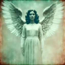 appearing angel [vintage style noisy scratches glitches, Shot the texture and then rewound the film and double exposed from a 1970 B series movie]
