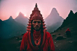 Peter McKinnon-Alex Strohl close-up weird indian Misty carved caucasian Temple stupa mountains swith weird humanoids dressed as Guadalupe in red lingering around in 1950 by Richard Billingham, Fujichrome provia 100F, unicorncore, whimsical, weird, odd gloomy sunset, animals and people, weirdcore , stunning details, 8k, style raw style raw, neon pop '80s oil paint-style raw, Mario Bava-Boris Mikhailov ,greg rutkowski