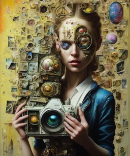 happy beautiful girl holding big proffesional camera in studio. street art, oil on canvas, spray paint, collage, letters, newspapeers, Dave McKean, Vladimir Fedotko, Saturno Butto, Vaughn Bodé, Frank Wu, James C. Christensen, collage, dirty, paint dripping, radiant