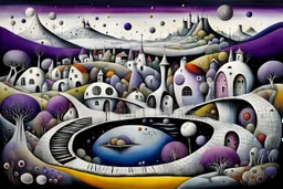 whimsical, weird ball-like houses stand in village in weird whimsical landscape with long bridges, , futur-surreal vibe with abstractions, around surreal cracked painted weird land with dark purple, gray, black, white, brown, and deep colors. style of Chagall , of Minjae Lee and Tim Burton, absurd beauty picture. weird bizarre absurd, nightmare, big neuron network background and thin bridges, surreal cinematic vibe
